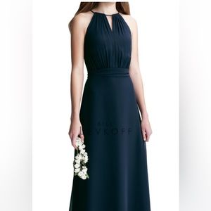 Flowy navy blue Bill Levkoff bridesmaid dress!